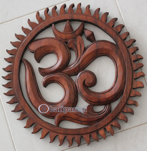 Wooden Wallhanging, OM, Made From Suar Wood Brown Polished