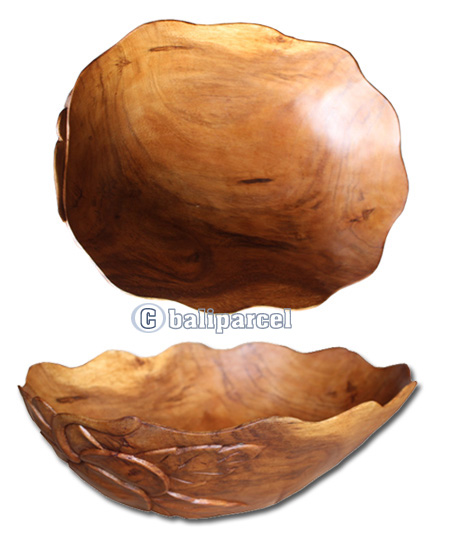 Wooden Bowl Flower Carving, Hand Carved From Suar Wood