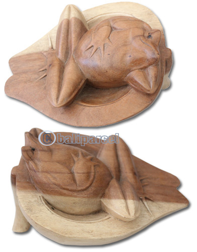 Wooden Frog, Hand Carved From Suar Wood With Natural Polished