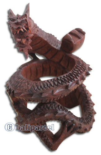 Wooden Dragon Carving, Hand Carved From Suar Wood With Brown Polished