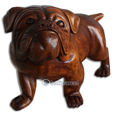 Wooden Dog, Hand Carved From Suar Wood With Brown Polished