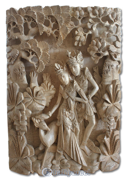 Wooden Wallhanging Rama And Shita, Hand Carved From Suar Wood With Natural Polished