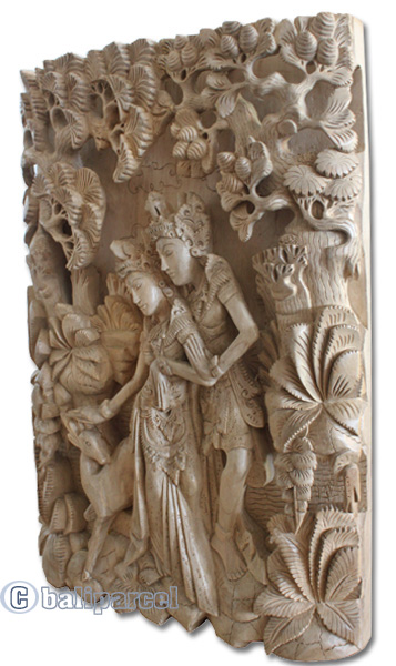 Wooden Wallhanging Rama And Shita, Hand Carved From Suar Wood With Natural Polished