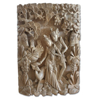 Wooden Wallhanging Rama And Shita, Hand Carved From Suar Wood With Natural Polished