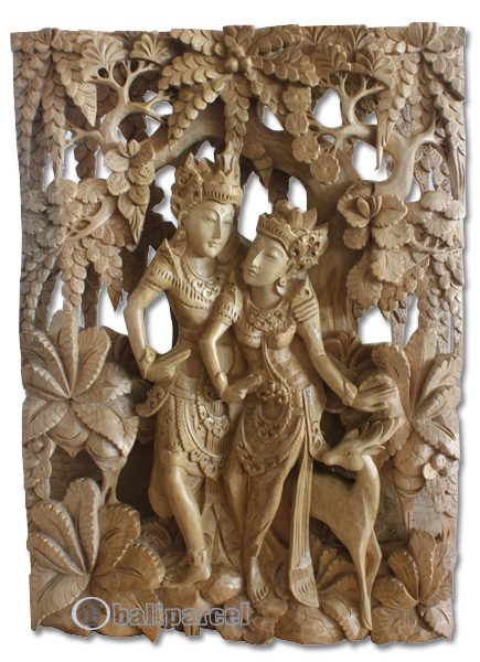 Wooden Wallhanging Rama And Shita, Hand Carved From Suar Wood With Natural Polished