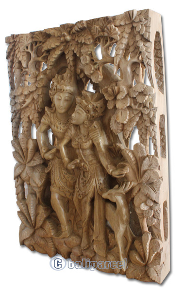 Wooden Wallhanging Rama And Shita, Hand Carved From Suar Wood With Natural Polished