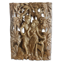 Wooden Wallhanging Rama And Shita, Hand Carved From Suar Wood With Natural Polished