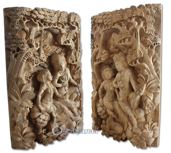 Wooden Wallhanging Rama And Shita, Hand Carved From Suar Wood With Natural Polished