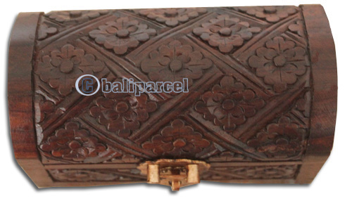 Wooden Box, Hand Carved From Sono Wood, With Bali Flower Carving