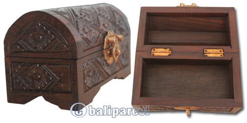 Wooden Box, Hand Carved From Sono Wood, With Bali Flower Carving