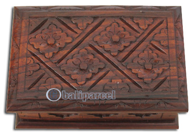Wooden Box, Hand Carved From Sono Wood, With Bali Flower Carving