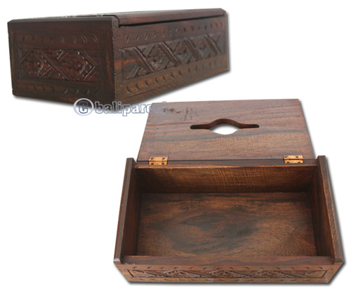 Wooden Box, Hand Carved From Sono Wood, With Bali Flower Carving
