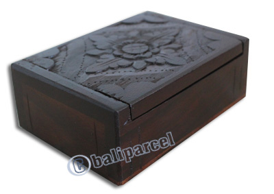 Wooden Box, Hand Carved From Sono Wood, With Bali Flower Carving