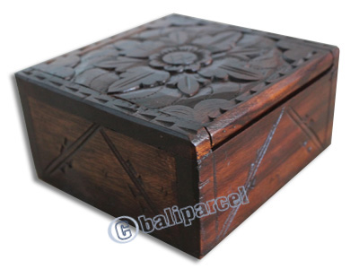 Wooden Box, Hand Carved From Sono Wood, With Bali Flower Carving