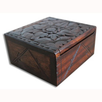 Wooden Box, Hand Carved From Sono Wood, With Bali Flower Carving