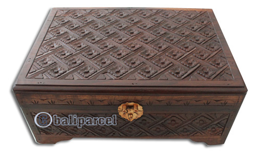 Wooden Box, Hand Carved From Sono Wood, With Bali Flower Carving