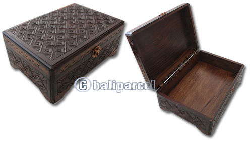 Wooden Box, Hand Carved From Sono Wood, With Bali Flower Carving