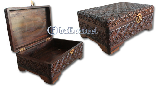 Wooden Box, Hand Carved From Sono Wood, With Bali Flower Carving