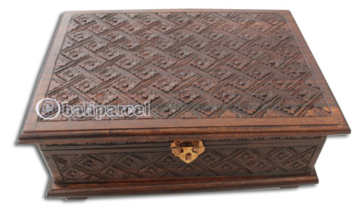 Wooden Box, Hand Carved From Sono Wood, With Bali Flower Carving
