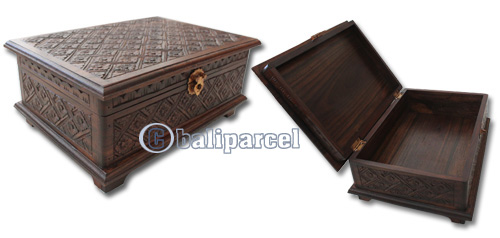 Wooden Box, Hand Carved From Sono Wood, With Bali Flower Carving