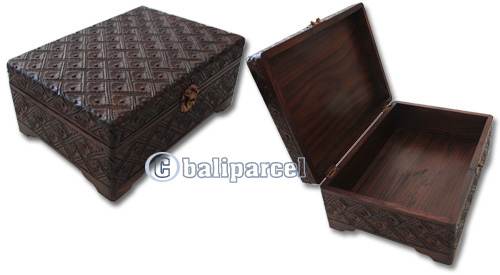 Wooden Box, Hand Carved From Sono Wood, With Bali Flower Carving
