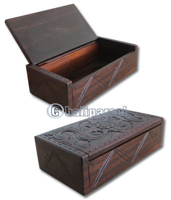 Wooden Box, Hand Carved From Sono Wood, With Bali Flower Carving
