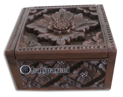 Wooden Box, Hand Carved From Resin, With Bali Flower Carving