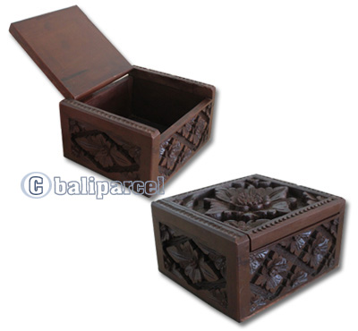 Wooden Box, Hand Carved From Resin, With Bali Flower Carving