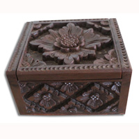 Wooden Box, Hand Carved From Resin, With Bali Flower Carving