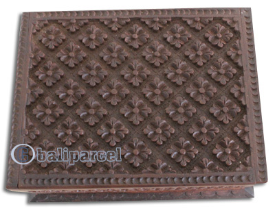 Wooden Box, Hand Carved From Resin, With Bali Flower Carving