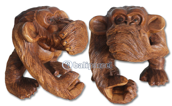 Wooden Monkey, Hand Carved From Suar Wood With Brown Polished