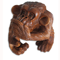 Wooden Monkey, Hand Carved From Suar Wood With Brown Polished