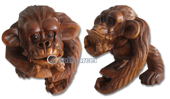 Wooden Monkey, Hand Carved From Suar Wood With Brown Polished