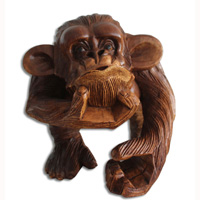 Wooden Monkey, Hand Carved From Suar Wood With Brown Polished