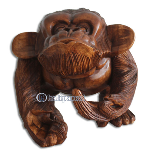Wooden Monkey, Hand Carved From Suar Wood With Brown Polished