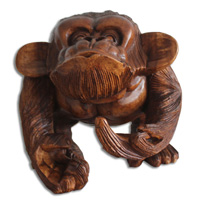 Wooden Monkey, Hand Carved From Suar Wood With Brown Polished