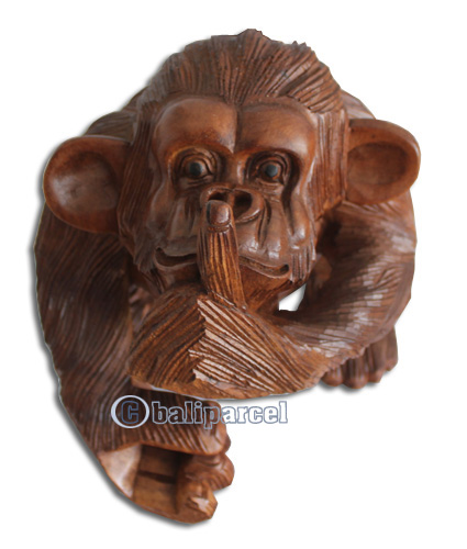 Wooden Monkey, Hand Carved From Suar Wood With Brown Polished