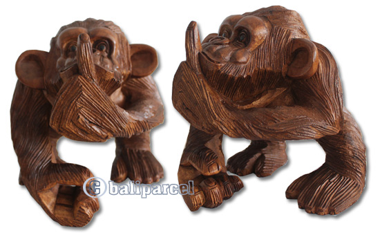Wooden Monkey, Hand Carved From Suar Wood With Brown Polished