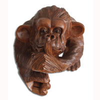 Wooden Monkey, Hand Carved From Suar Wood With Brown Polished