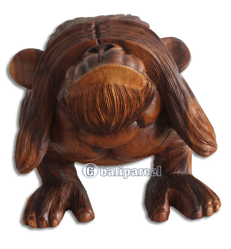 Wooden Monkey, Hand Carved From Suar Wood With Brown Polished