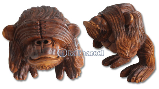 Wooden Monkey, Hand Carved From Suar Wood With Brown Polished
