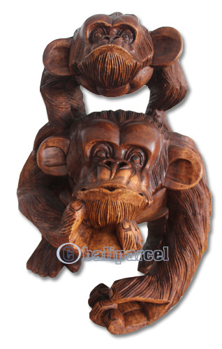 Wooden Monkey, Hand Carved From Suar Wood With Brown Polished