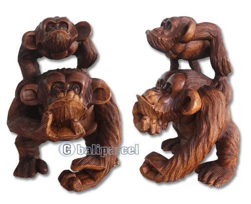 Wooden Monkey, Hand Carved From Suar Wood With Brown Polished