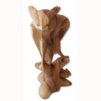 Wooden Owl With 1 Babies, Hand Carved From Suar Wood Natural Polished