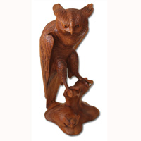Wooden Owl With 1 Babies, Hand Carved From Suar Wood Brown Polished