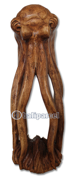 Wooden Octopus, Hand Carved From Suar Wood With Brown Polished