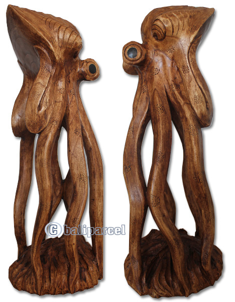 Wooden Octopus, Hand Carved From Suar Wood With Brown Polished