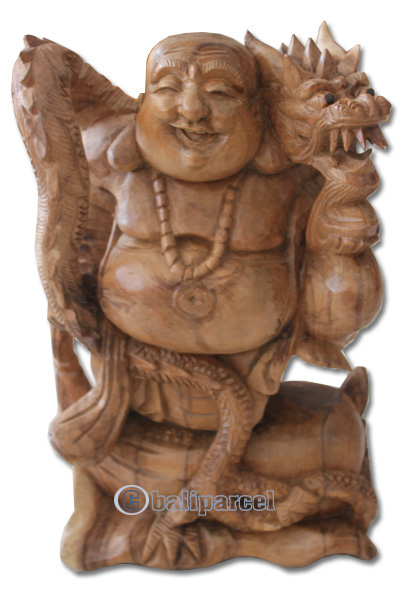 Wooden Happy Buddha With Dragon, Hand Carved From Suar Wood With Natural Polished