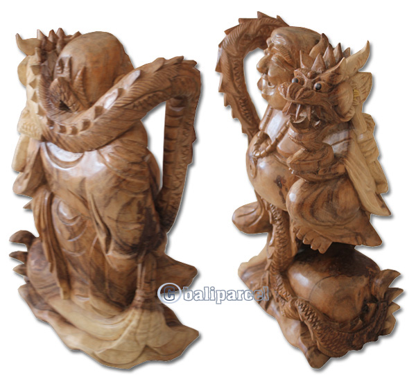 Wooden Happy Buddha With Dragon, Hand Carved From Suar Wood With Natural Polished