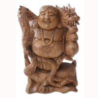 Wooden Happy Buddha With Dragon, Hand Carved From Suar Wood With Natural Polished